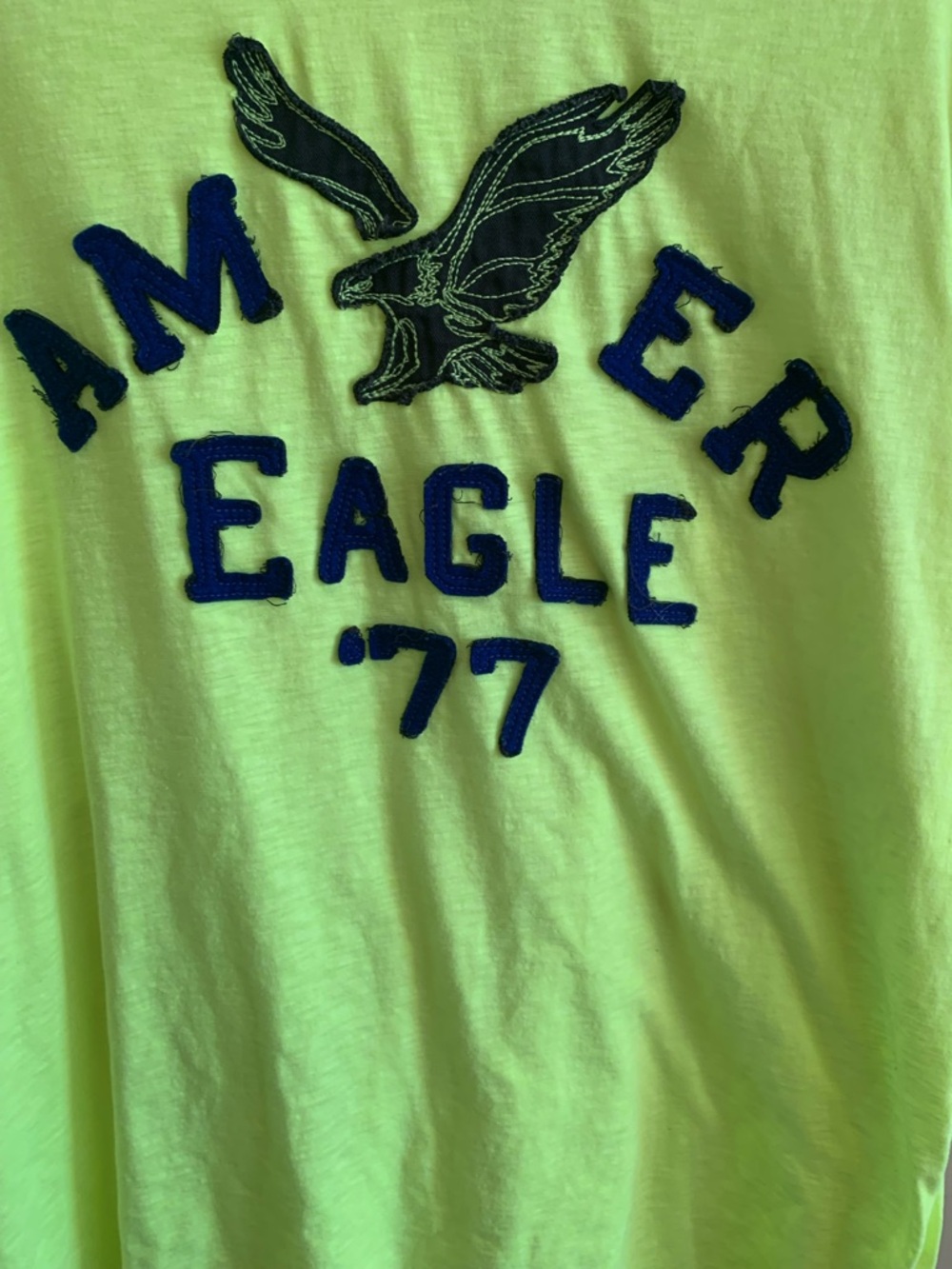 American Eagle Outfitters Neon Yellow Crewneck Tee with Navy Print - Unisex - Picture 3 of 7
